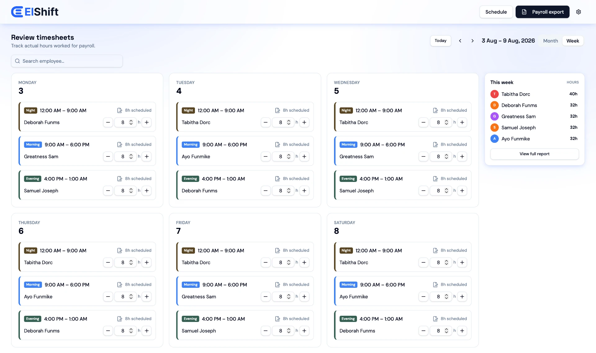 ElShift employee timesheet review with scheduled and recorded weekly hours