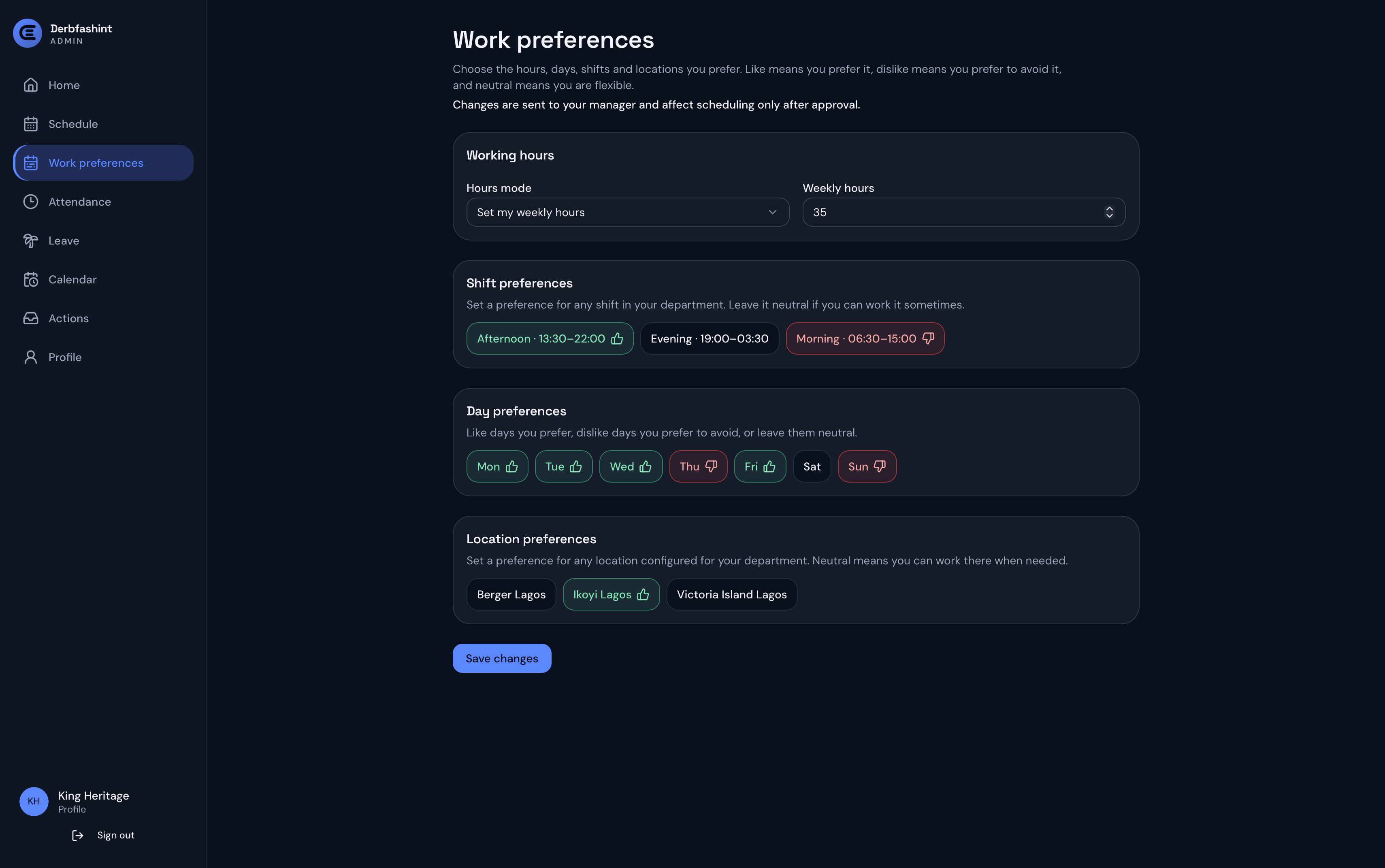 ElShift Employee Hub Work Preferences screen showing weekly hours and shift, day, and location preferences